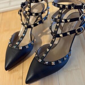 Valentino Black Rockstud Caged 65 Leather Ankle Strap Pump